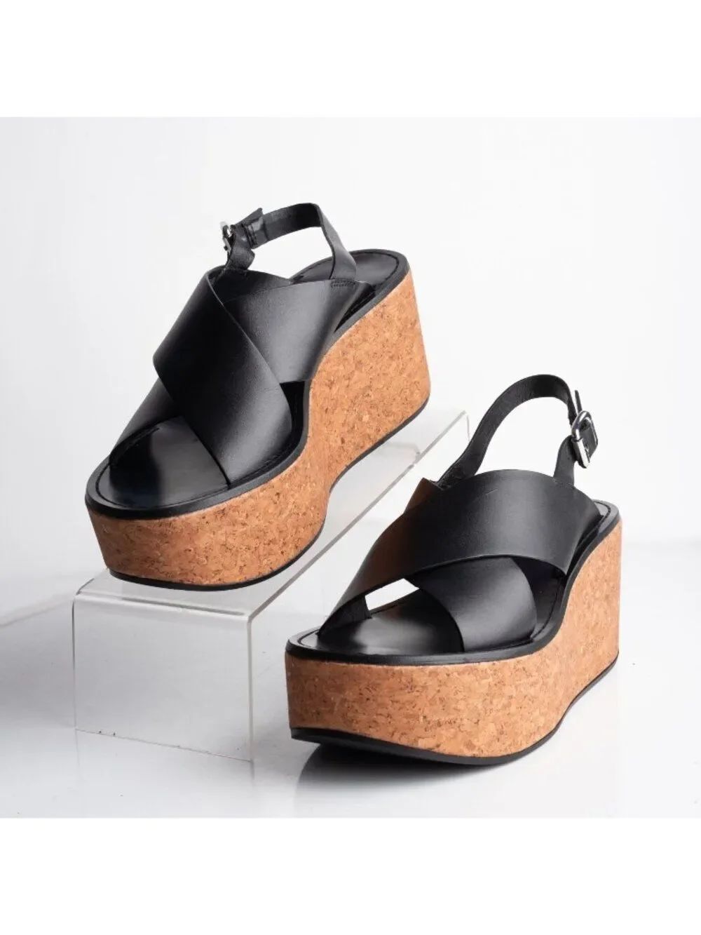Massimo Dutti Women Sandals shoes Platform Cork Black leather US 7.5 EU 38 NWT